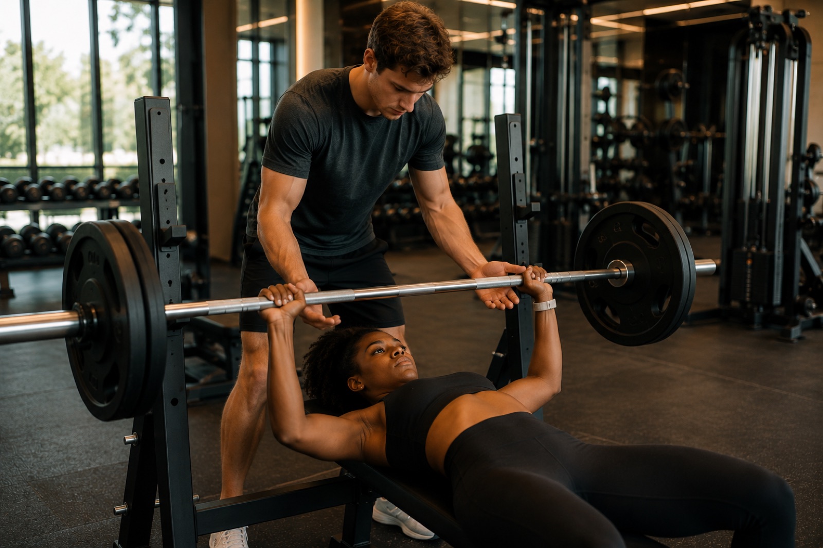 One person spotting another through a bench press, both focused on the bar.