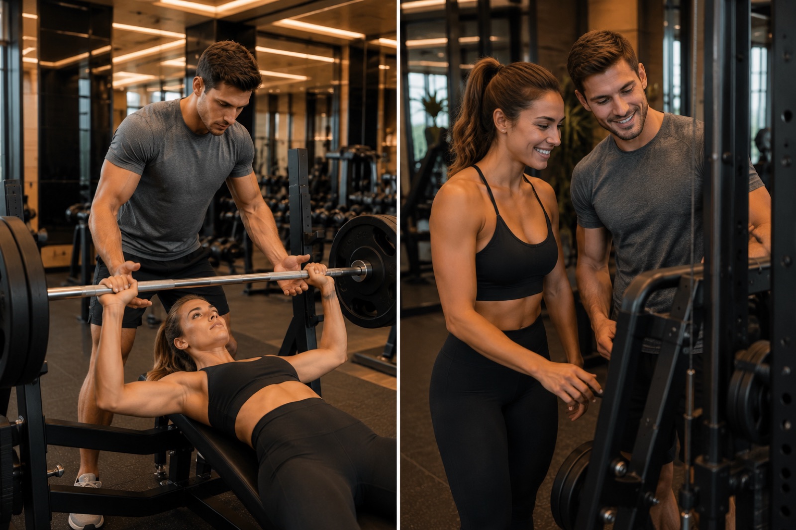 Two pairs training together, one spotting a bench press and one setting up a machine.