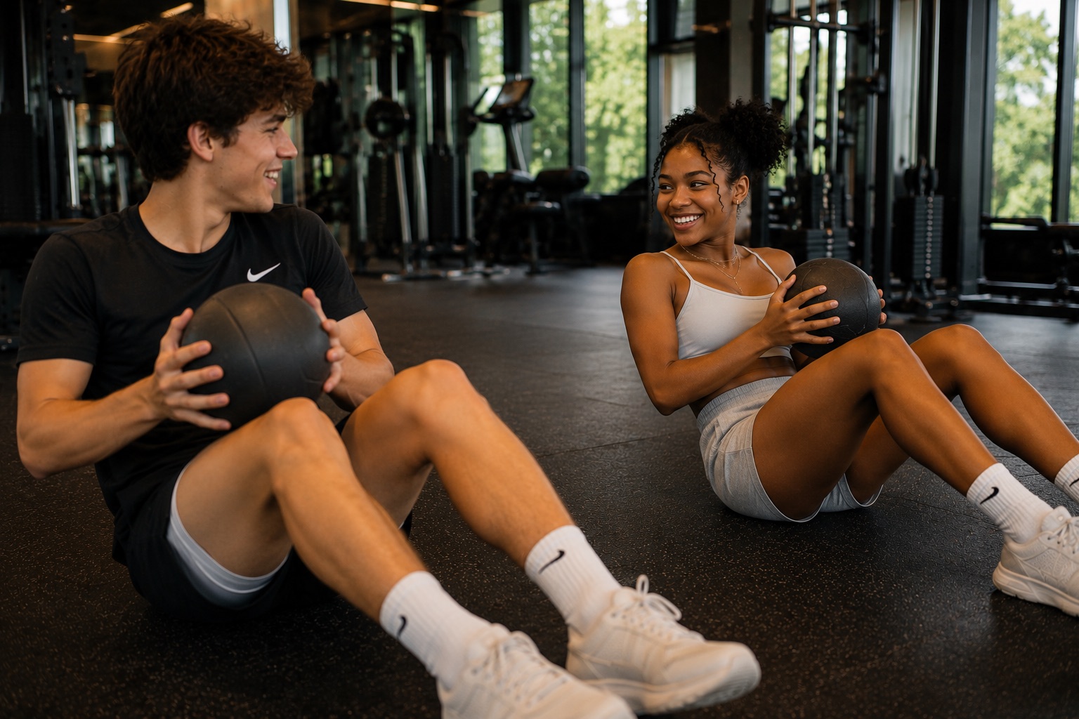 Two people facing each other on the gym floor doing medicine ball twists, both mid-set and laughing.