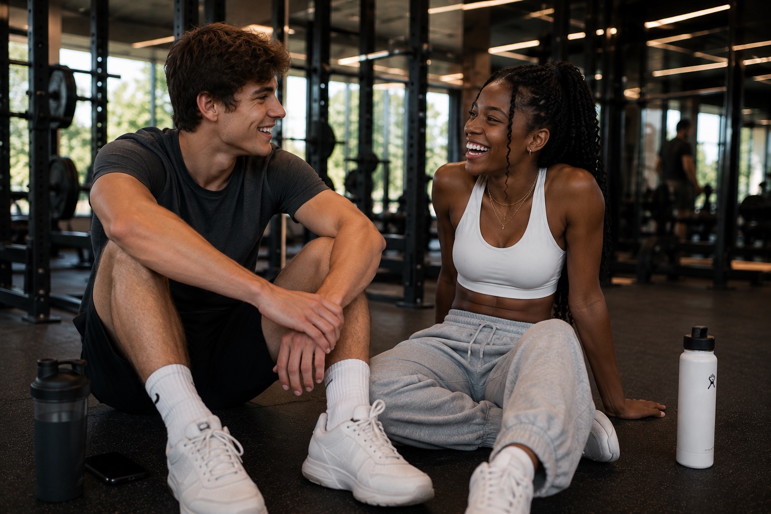 Two people sitting on the gym floor after a set, talking, water bottles beside them.