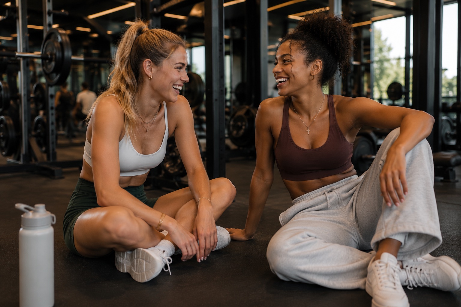 Two women sitting cross-legged on the gym floor, resting between sets and talking.